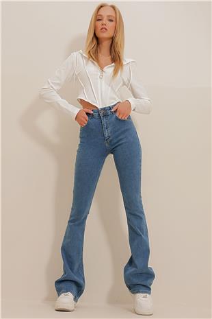 Kadın Mavi Yüksek Bel Full Likralı İspanyol Paça Jean ALC-X10966