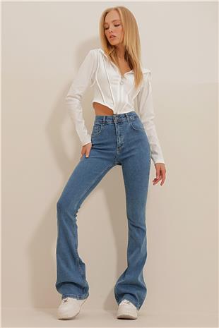 Kadın Mavi Yüksek Bel Full Likralı İspanyol Paça Jean ALC-X10966