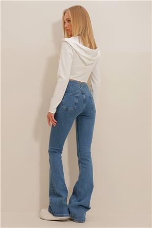 Kadın Mavi Yüksek Bel Full Likralı İspanyol Paça Jean ALC-X10966