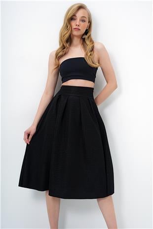 Kadın Siyah Yüksek Bel Geniş Kemerli Gizli Fermuarlı Midi Boy Dokulu Etek ALC-X13473