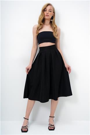 Kadın Siyah Yüksek Bel Geniş Kemerli Gizli Fermuarlı Midi Boy Dokulu Etek ALC-X13473