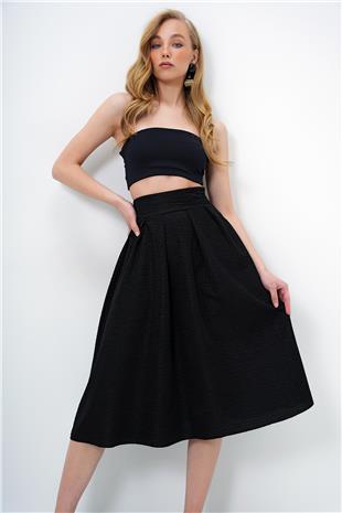 Kadın Siyah Yüksek Bel Geniş Kemerli Gizli Fermuarlı Midi Boy Dokulu Etek ALC-X13473