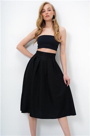 Kadın Siyah Yüksek Bel Geniş Kemerli Gizli Fermuarlı Midi Boy Dokulu Etek ALC-X13473