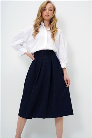 Kadın Lacivert Yüksek Bel Geniş Kemerli Gizli Fermuarlı Midi Boy Dokulu Etek ALC-X13473