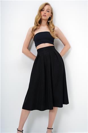 Kadın Siyah Yüksek Bel Geniş Kemerli Gizli Fermuarlı Midi Boy Dokulu Etek ALC-X13473