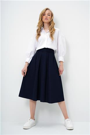 Kadın Lacivert Yüksek Bel Geniş Kemerli Gizli Fermuarlı Midi Boy Dokulu Etek ALC-X13473