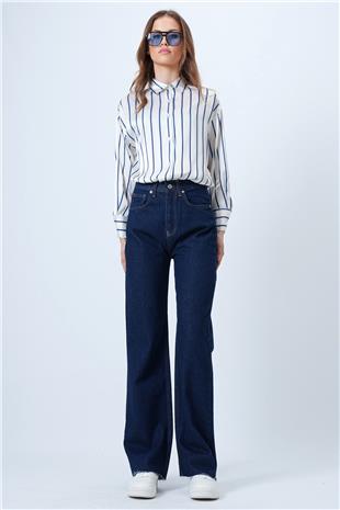 Kadın Koyu Lacivert Yüksek Bel Geniş Püskül Paça 5 Cepli Denim Pantolon VS01358