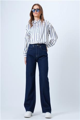 Kadın Koyu Lacivert Yüksek Bel Geniş Püskül Paça 5 Cepli Denim Pantolon VS01358