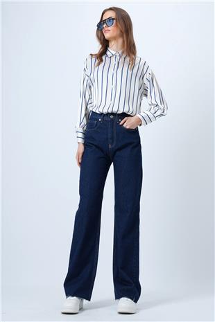 Kadın Koyu Lacivert Yüksek Bel Geniş Püskül Paça 5 Cepli Denim Pantolon VS01358