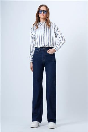 Kadın Koyu Lacivert Yüksek Bel Geniş Püskül Paça 5 Cepli Denim Pantolon VS01358
