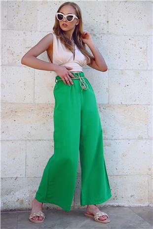 Yüksek Bel Hasır Kemerli Wide Leg Keten Dokuma Pantolon - Yeşil