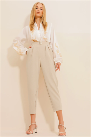 Kadın Bej Yüksek Bel Havuç Pantolon ALC-X11148