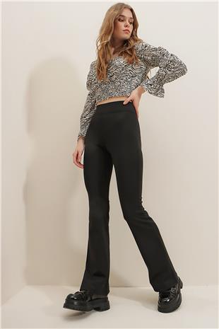 Kadın Siyah Yüksek Bel İspanyol Paça Scuba Kumaş Pantolon ALC-X7798