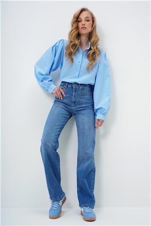 Kadın Mavi Yüksek Bel Likralı Yıkamalı Palazzo Jean Pantolon ALC-X13954