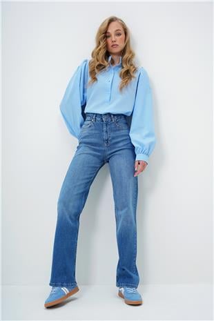 Kadın Mavi Yüksek Bel Likralı Yıkamalı Palazzo Jean Pantolon ALC-X13954