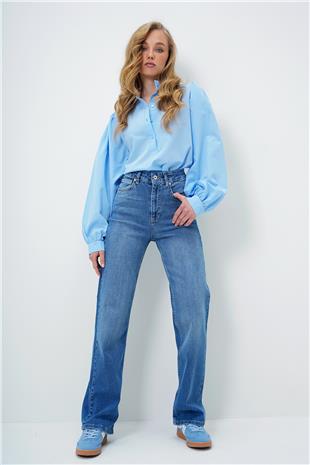 Kadın Mavi Yüksek Bel Likralı Yıkamalı Palazzo Jean Pantolon ALC-X13954