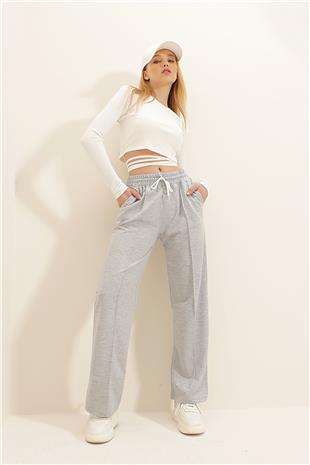 Kadın Gri Yüksek Bel Önü Çimalı Bol Paça Çift Cepli Eşofman Altı ALC-X7957