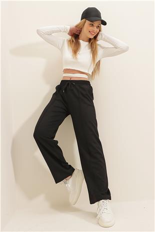 Kadın Siyah Yüksek Bel Önü Çimalı Bol Paça Çift Cepli Eşofman Altı ALC-X7957