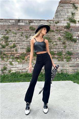 Kadın Siyah Yüksek Bel Önü Çimalı Bol Paça Likralı Pantolon ALC-X9979