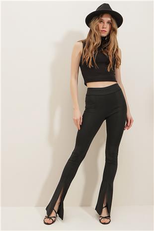 Kadın Siyah Yüksek Bel Önü Dikişli İspanyol Paça Ve Çapraz Yırtmaçlı Scuba Pantolon ALC-X7799