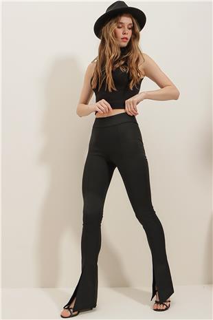 Kadın Siyah Yüksek Bel Önü Dikişli İspanyol Paça Ve Çapraz Yırtmaçlı Scuba Pantolon ALC-X7799