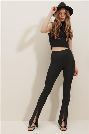 Yüksek Bel Önü Dikişli İspanyol Paça Ve Çapraz Yırtmaçlı Scuba Pantolon - Siyah