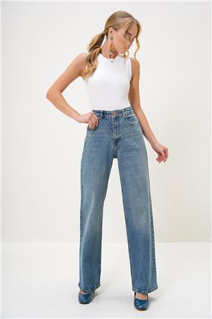 Kadın Mavi Yüksek Bel Palazzo Kesim Jean Pantolon ALC-X13172