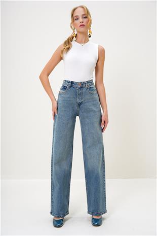 Kadın Mavi Yüksek Bel Palazzo Kesim Jean Pantolon ALC-X13172