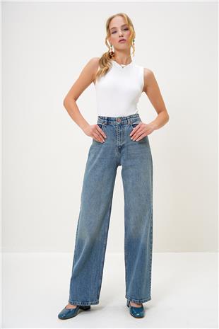 Kadın Mavi Yüksek Bel Palazzo Kesim Jean Pantolon ALC-X13172