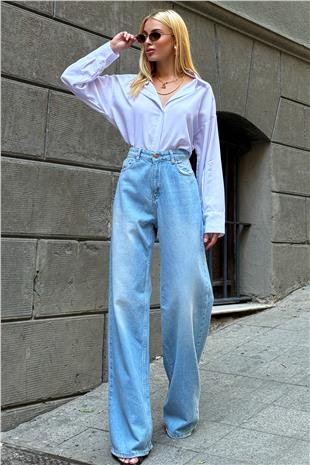 Kadın Mavi Yüksek Bel Soldurma Efektli Wide Leg Dökümlü Jean ALC-X12558
