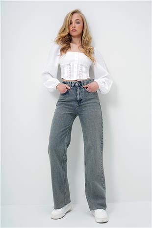 Kadın Vintage Mavi Yüksek Bel Yıkamalı Paçası Püsküllü Palazzo Jean Pantolon ALC-X13982
