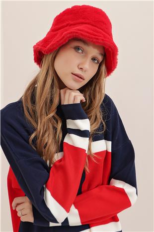 Kadın Kırmızı Yumuşak Dokulu Peluş Bucket Şapka ALC-A2419