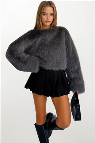 Kadın Antrasit Yumuşak Dokulu Uzun Kollu Oversize Kürk Sweatshirt VS01405