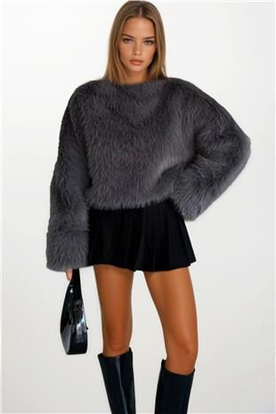 Kadın Antrasit Yumuşak Dokulu Uzun Kollu Oversize Kürk Sweatshirt VS01405