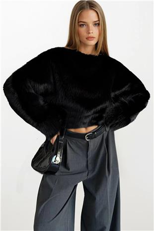 Kadın Siyah Yumuşak Dokulu Uzun Kollu Oversize Kürk Sweatshirt VS01405