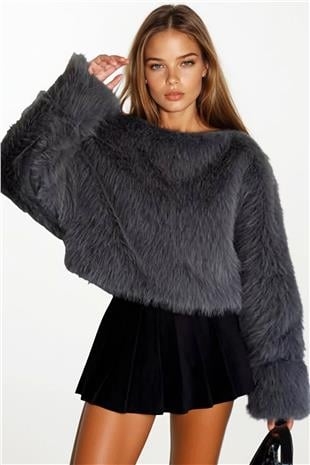 Kadın Antrasit Yumuşak Dokulu Uzun Kollu Oversize Kürk Sweatshirt VS01405