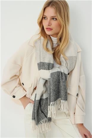 Kadın Ekru Yün Karışımlı Desenli Şal ALC-A2069