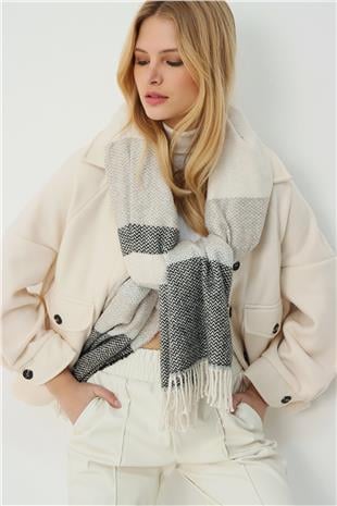 Kadın Ekru Yün Karışımlı Desenli Şal ALC-A2069