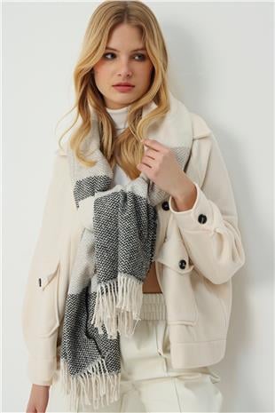 Kadın Ekru Yün Karışımlı Desenli Şal ALC-A2069