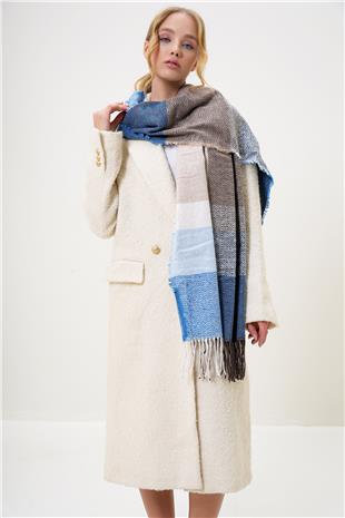 Kadın Kahve-Mavi Yün Karışımlı Renk Bloklu Şal ALC-A2652