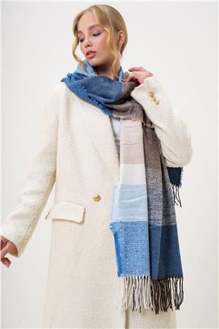 Kadın Kahve-Mavi Yün Karışımlı Renk Bloklu Şal ALC-A2652