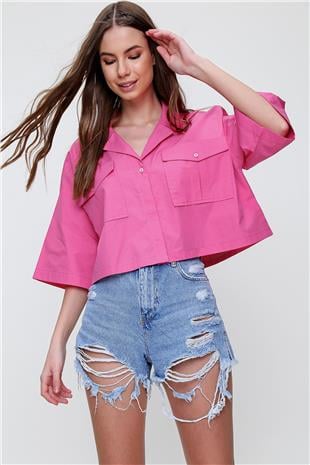 Kadın Fuşya Zarf Cepli Crop Poplin Gömlek ALC-X6045
