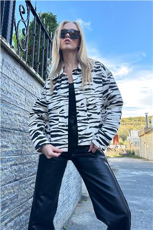 Kadın Siyah-Krem Zebra Desenli Crop Jean Ceket ALC-X11229