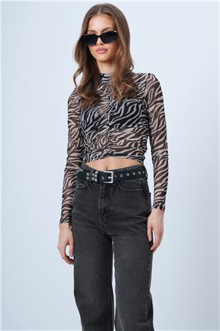 Kadın Siyah-Beyaz Zebra Desenli Transparan Bluz VS01311