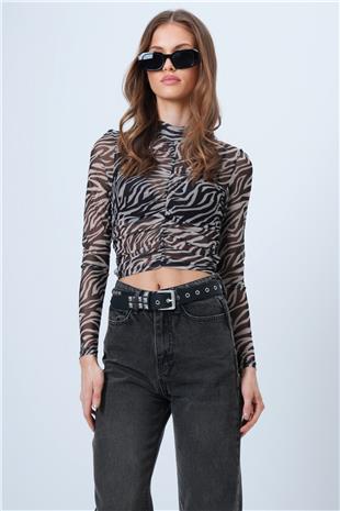 Kadın Siyah-Beyaz Zebra Desenli Transparan Bluz VS01311