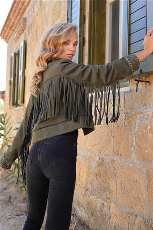 Kadın Haki Zımba Detaylı Sırtı Püsküllü Astarlı Süet Ceket ALC-X14520