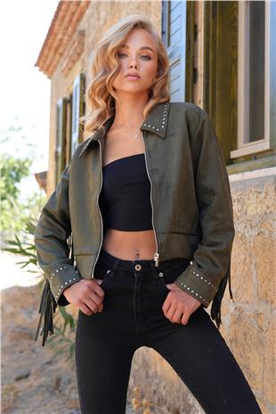 Kadın Haki Zımba Detaylı Sırtı Püsküllü Astarlı Süet Ceket ALC-X14520