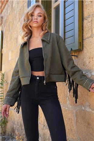 Kadın Haki Zımba Detaylı Sırtı Püsküllü Astarlı Süet Ceket ALC-X14520