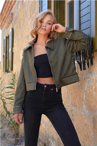 Kadın Haki Zımba Detaylı Sırtı Püsküllü Astarlı Süet Ceket ALC-X14520