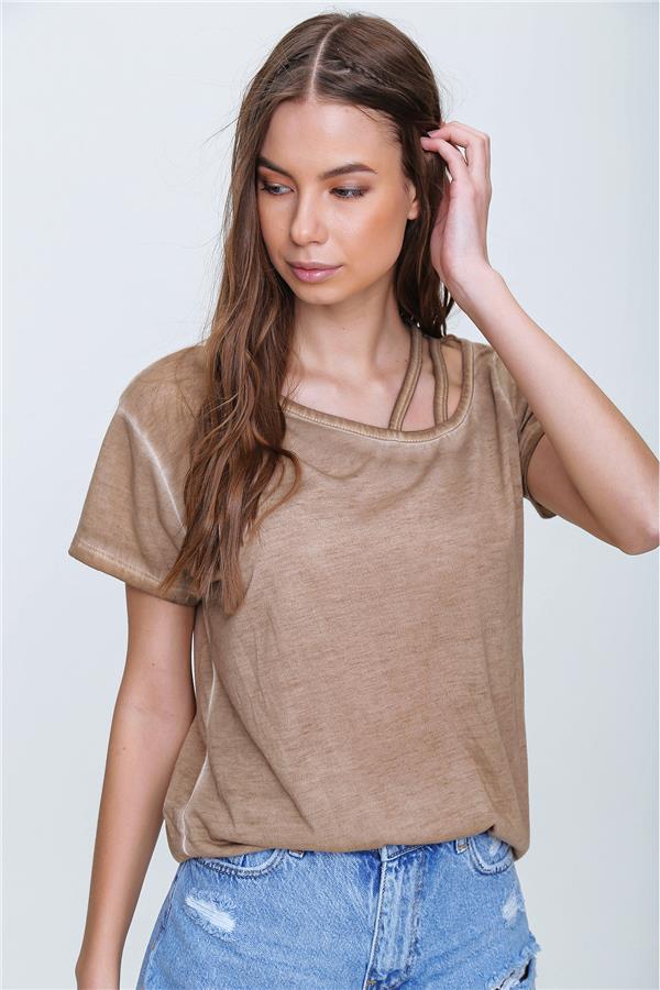 Askı Detaylı Yıkamalı T-Shirt - Koyu Bej